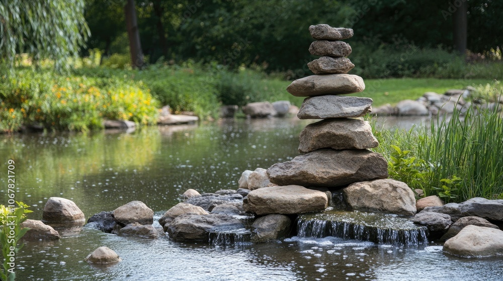 Zen-like cairn on a riverbank, with flowing water symbolizing tranquility and the flow of life Zen-like cairn on a riverbank, with flowing water symbolizing tranquility and the flow of life