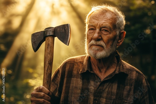 An old man stands solemnly with an axe in hand as sunlight gently filters through the forest, capturing the essence of endurance and contemplation.