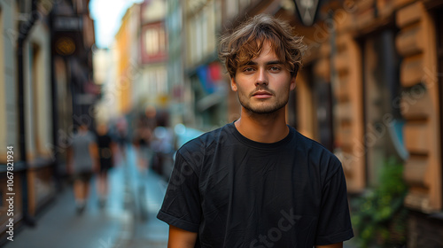 Fashion-Forward Influencer in Oversized Black Tee, Urban Street Style