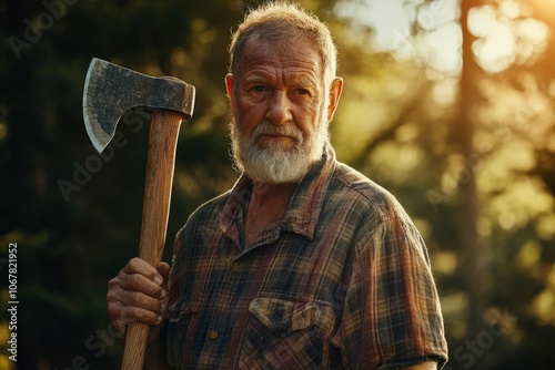 A senior woodsman clad in plaid shirt is pictured standing in a sunlit forest, carrying an axe over his shoulder, radiating strength and resilience. photo