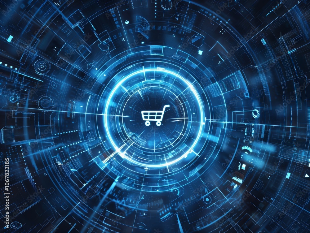 .Abstract blue digital background with shopping cart icon on circular glowing line in the center - ai .Abstract blue digital background with shopping cart icon on circular glowing line in the center - ai