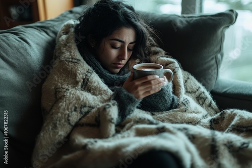 A cozy image of a woman sitting on a couch wrapped in a large patterned blanket, holding a warm drink, conveying warmth and comfort indoors on a cloudy day.