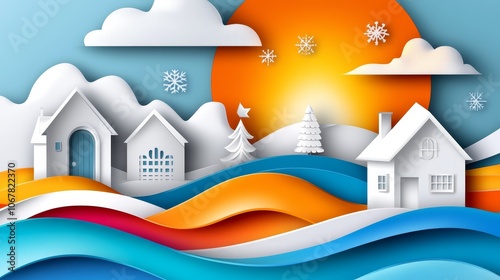 Winter Wonderland Paper Cut Illustration with Houses Snowflakes and a Sunset