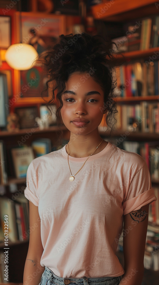 Fototapeta premium Woman in Light Pink Bella Canvas 3001 T-shirt at Cozy Bookstore