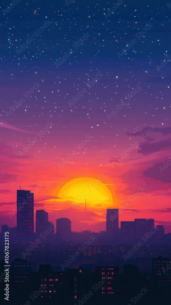 Fototapeta premium Experience the breathtaking sunset over the city skyline with an expansive sky for your text