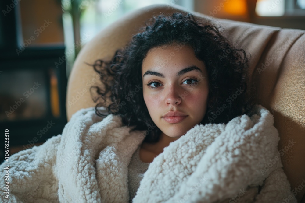 A woman enveloped in a soft, cozy blanket sits in a chair by a fire, her expression calm and serene, reflecting a moment of peace and contentment. A woman enveloped in a soft, cozy blanket sits in a chair by a fire, her expression calm and serene, reflecting a moment of peace and contentment.