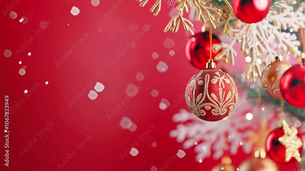 A red poster with a christmas ornaments and a red background, a christmas card with red background. Created through AI