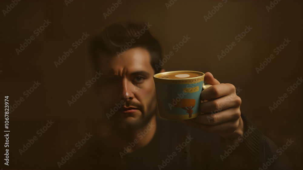 A Cozy Moment Featuring a Man Holding a Colorful Cup, Celebrating the Simple Pleasures of Enjoying a Warm Beverage A Cozy Moment Featuring a Man Holding a Colorful Cup, Celebrating the Simple Pleasures of Enjoying a Warm Beverage