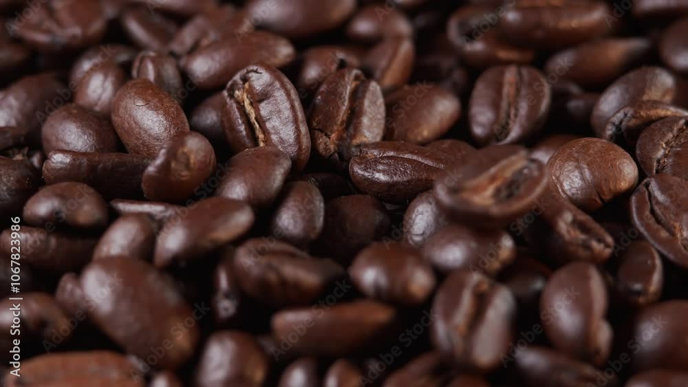 Roasted coffee beans dolly shot. Aromatic coffee beans move slowly. Slide slow motion close-up of whole roasted coffee beans. Roasted coffee beans dolly shot. Aromatic coffee beans move slowly. Slide slow motion close-up of whole roasted coffee beans.
