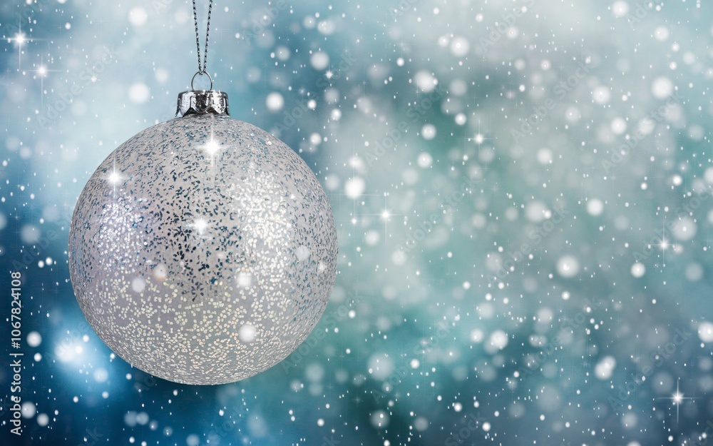 A single silver Christmas ornament hangs against a snowy blue background. A single silver Christmas ornament hangs against a snowy blue background.