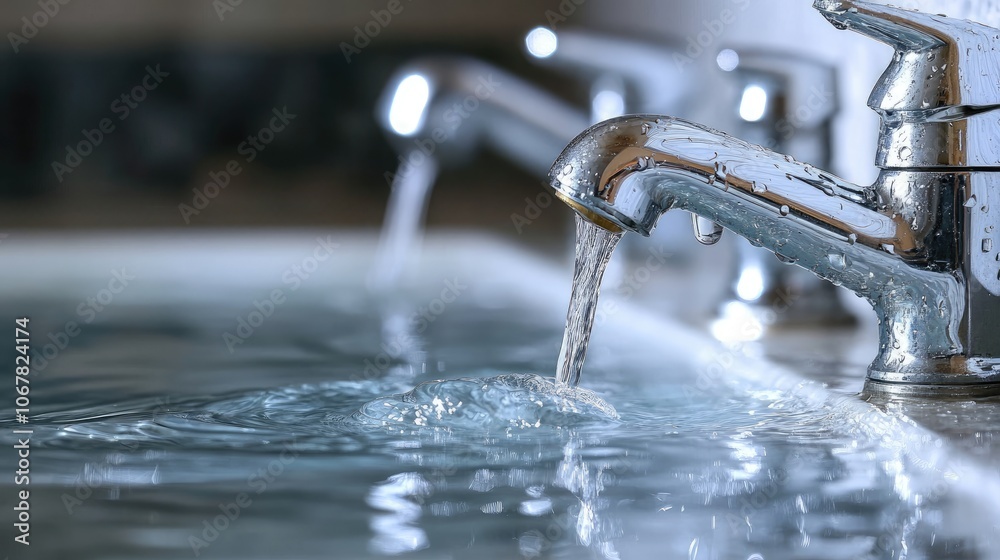 Close-up of Modern Stainless Steel Faucet with Flowing Water in a Kitchen or Bathroom Setting, Highlighting Cleanliness and Freshness Close-up of Modern Stainless Steel Faucet with Flowing Water in a Kitchen or Bathroom Setting, Highlighting Cleanliness and Freshness
