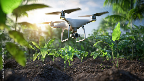 Wallpaper Mural A drone hovers over young green plants in a field as sunlight filters through, showcasing the fusion of technology and agriculture. Torontodigital.ca