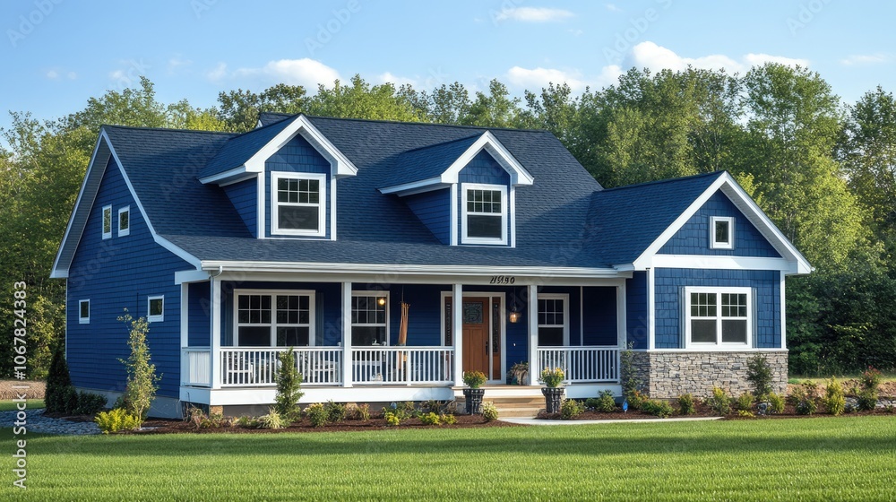 Charming Blue Suburban House with Front Porch and Lush Green Lawn Surrounded by Trees Under a Clear Blue Sky Charming Blue Suburban House with Front Porch and Lush Green Lawn Surrounded by Trees Under a Clear Blue Sky