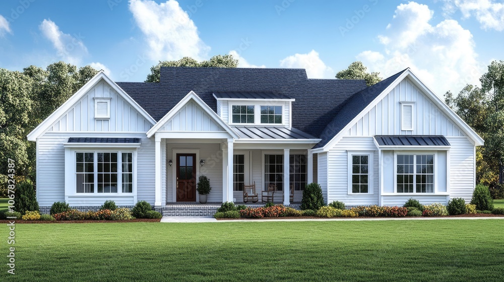 Charming Modern Farmhouse with White Exterior and Spacious Front Porch in a Serene Suburban Setting on a Sunny Day Charming Modern Farmhouse with White Exterior and Spacious Front Porch in a Serene Suburban Setting on a Sunny Day