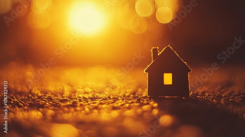 Silhouette of a House Against Golden Sunset Bokeh Background