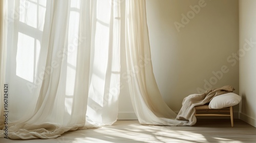 Minimalist interior with layered curtains softly filtering natural light, creating a serene ambiance. AI generated