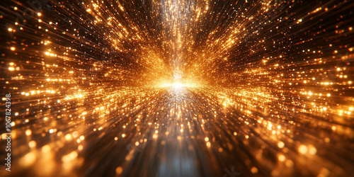 golden particles floating and swirling in the center of a dark, empty room, casting a warm glow and creating a mysterious, ethereal ambiance with a hint of wonder