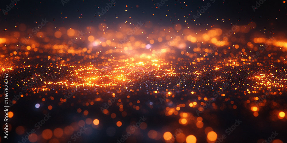 Obraz premium golden particles floating and swirling in the center of a dark, empty room, casting a warm glow and creating a mysterious, ethereal ambiance with a hint of wonder