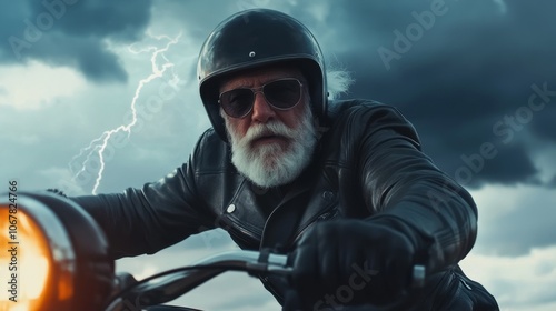 old man with white hair and beard with leather suit and helmet racing on an old fast skooter photo