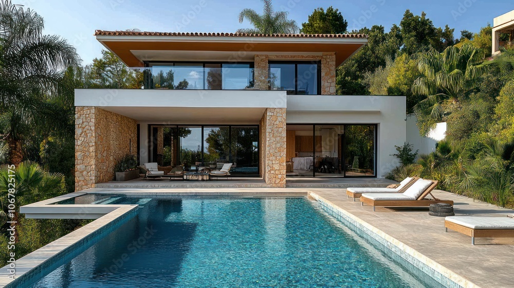 Fototapeta premium Modern villa with infinity pool and patio overlooking lush greenery.