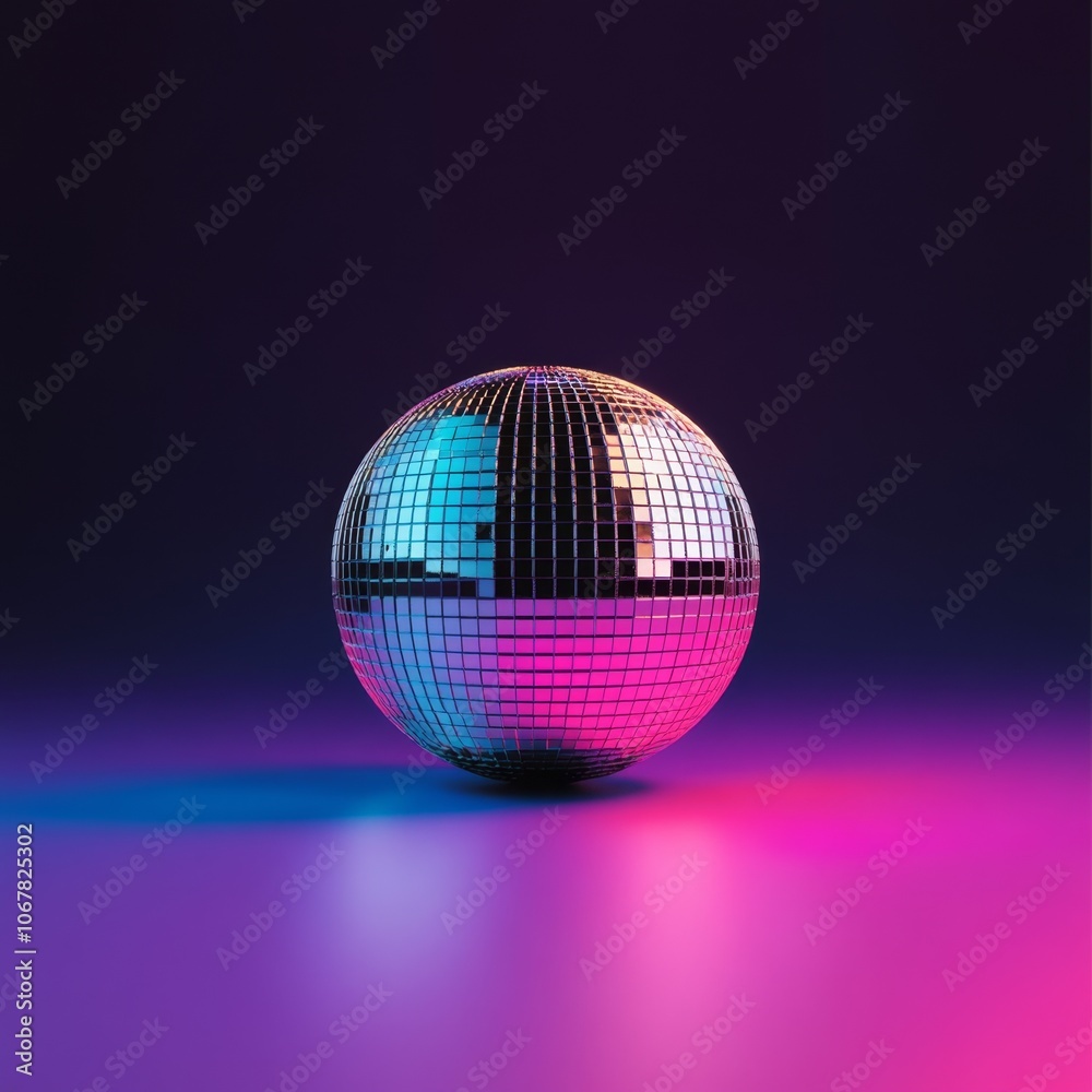 Obraz premium 1980s retro vibe, a small disco ball with reflections, positioned on a dark gradient background shifting from dark violet