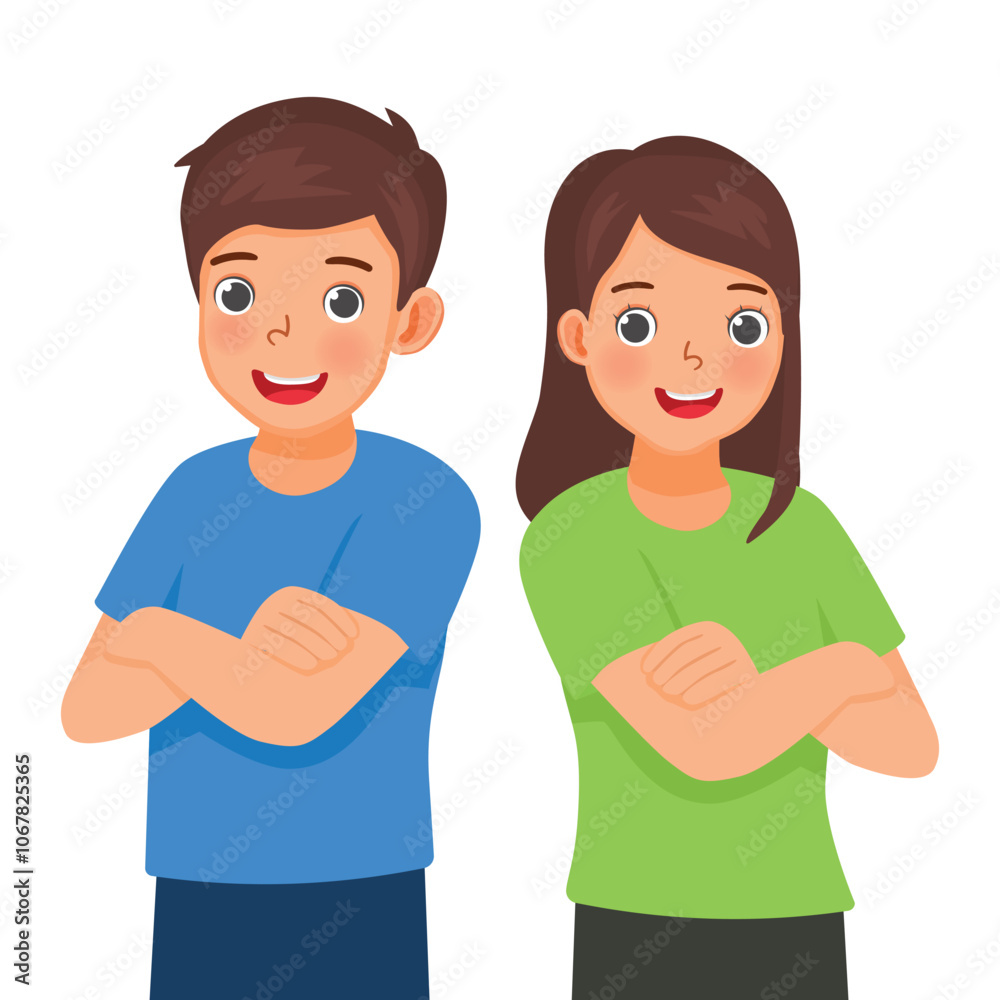 Happy couple portrait man and woman standing with folded hands Happy couple portrait man and woman standing with folded hands