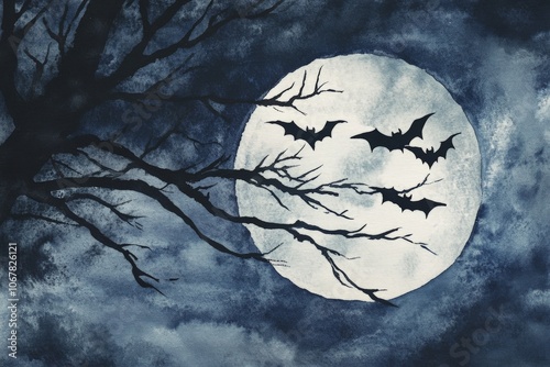 A silhouetted scene of bats flying across a large full bright moon, with dark ominous branches crisscrossing in the foreground in a mysterious night setting. photo