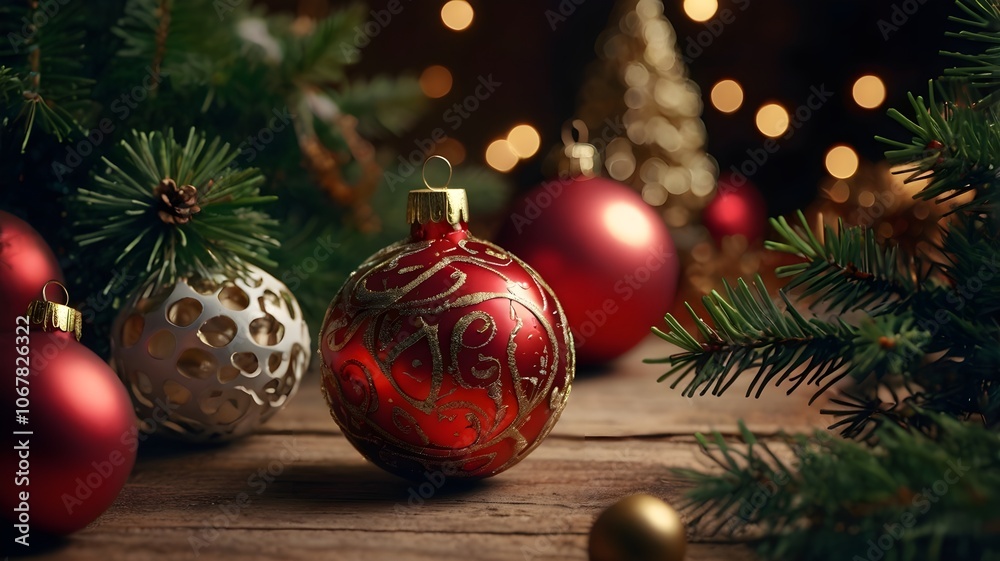 Christmas and new year design. Bright red and white Christmas ornaments on a wooden table surrounded by spruce branches Christmas and new year design. Bright red and white Christmas ornaments on a wooden table surrounded by spruce branches