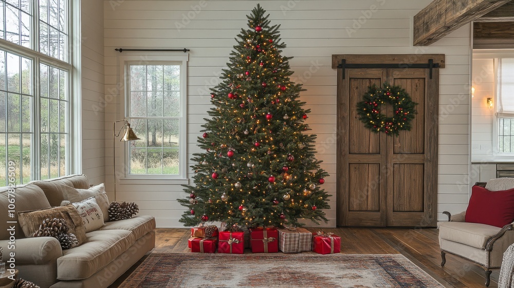Decorated Christmas Tree in a Cozy Living Room Decorated Christmas Tree in a Cozy Living Room