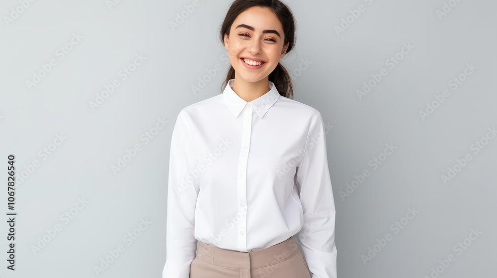 A serene portrait of a beautiful Asian Muslim woman in a white shirt and hijab against a clean white backdrop. A serene portrait of a beautiful Asian Muslim woman in a white shirt and hijab against a clean white backdrop.