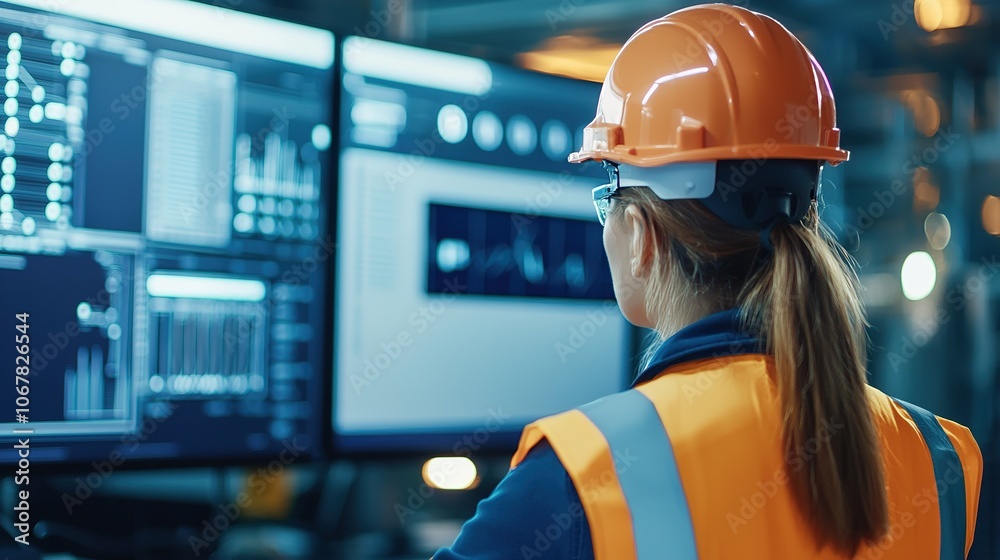 A woman in safety gear analyzes data on computer screens, focusing on industrial analytics in a high-tech environment. A woman in safety gear analyzes data on computer screens, focusing on industrial analytics in a high-tech environment.