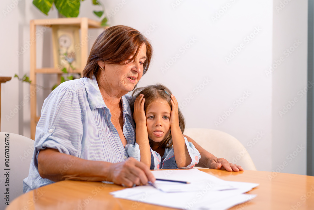 Depressed granddaughter and concerned grandmother review financial bills together, sharing tense and emotional moment as they face financial challenges at home Depressed granddaughter and concerned grandmother review financial bills together, sharing tense and emotional moment as they face financial challenges at home