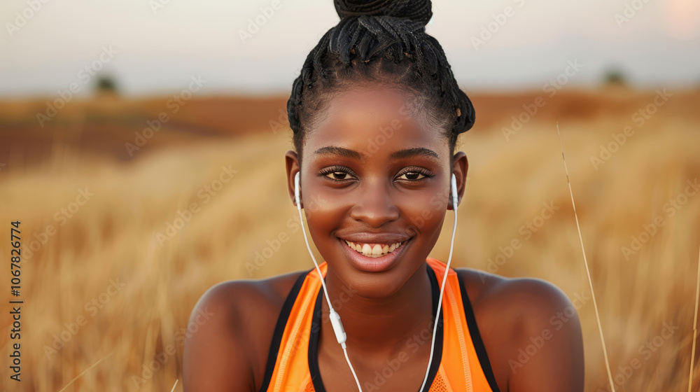 A young woman enjoys music outdoors, sitting comfortably in her training gear, radiating positive energy and joy. A young woman enjoys music outdoors, sitting comfortably in her training gear, radiating positive energy and joy.