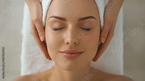 A woman relaxes with closed eyes while receiving RF lifting treatment at a tranquil beauty salon.