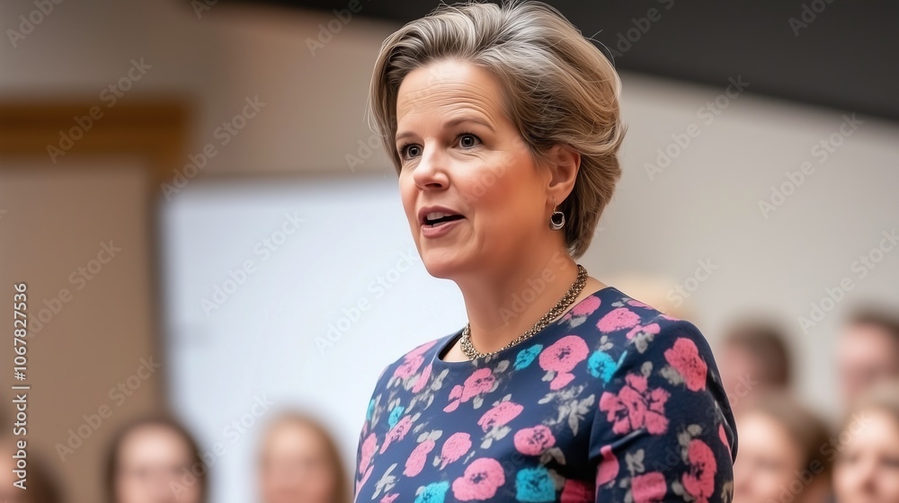 A woman addresses an audience in a brightly lit room. A female speaker engaging with an audience during a conference in a bright hall A woman addresses an audience in a brightly lit room. A female speaker engaging with an audience during a conference in a bright hall