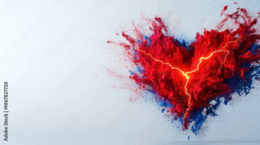 Abstract heart shape explosion in red and blue with lightning on a white background.