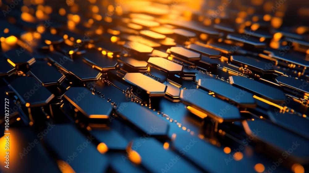 Fototapeta premium Abstract golden and blue hexagonal pattern with glowing details.