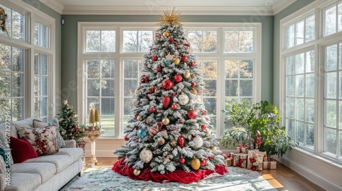 Decorated Christmas Tree in Sunlit Room with Gifts