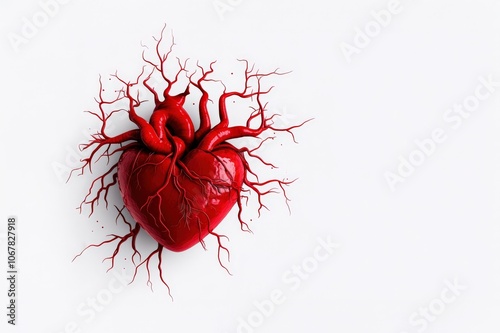 Artistic heart with roots, red color, isolated on white background. photo