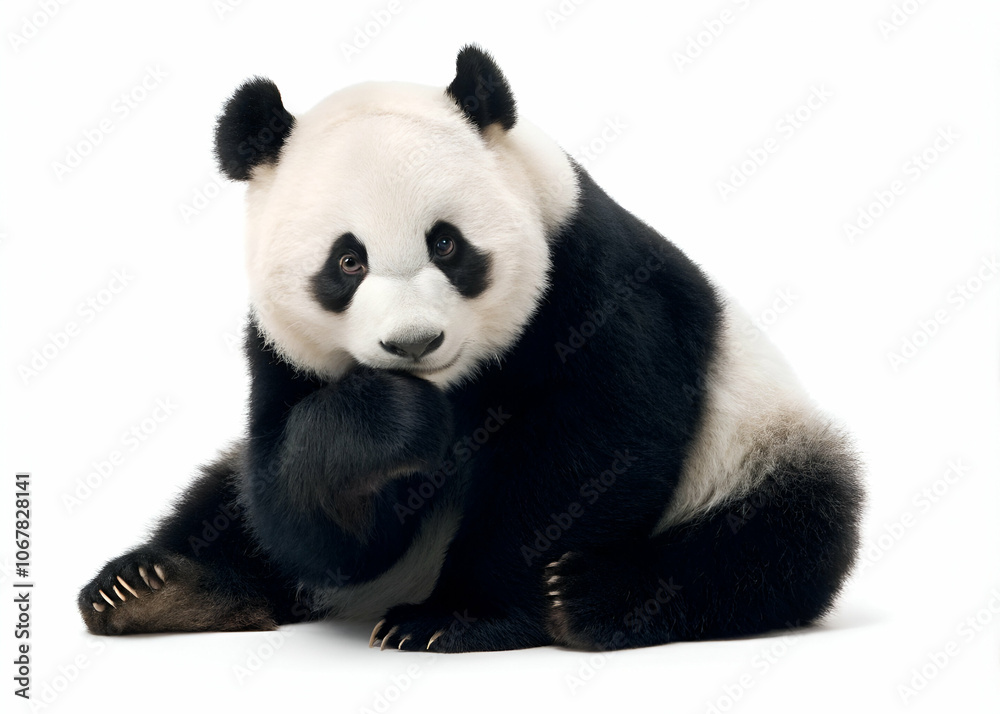 A panda bear sitting with paws on its chin, isolated on a white background A panda bear sitting with paws on its chin, isolated on a white background