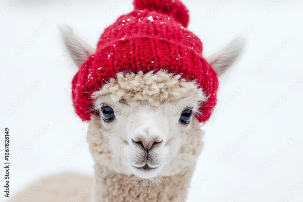 An endearing white alpaca models a snug red knit hat, blending cutely against a snowy landscape, suggesting warmth and whimsy in chilly surroundings. An endearing white alpaca models a snug red knit hat, blending cutely against a snowy landscape, suggesting warmth and whimsy in chilly surroundings.