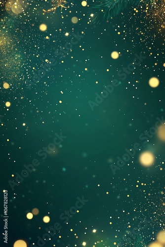 Dark green Christmas background with shining golden glitter and empty space. Particles, confetti. Copy space for your text. Festive vertical backdrop.