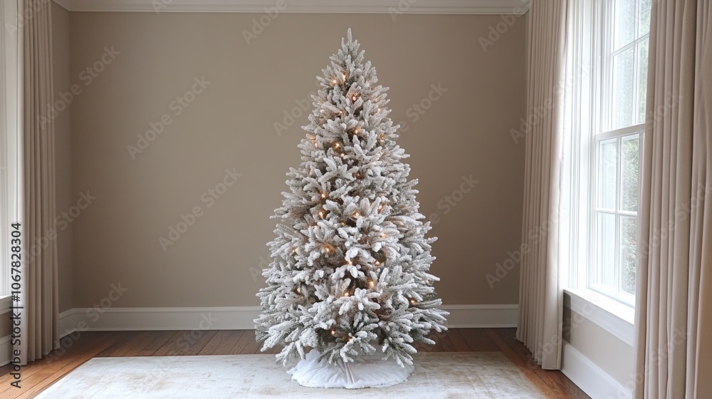 A Snow-Covered Christmas Tree with Lights in a Room with Beige Walls and Curtains A Snow-Covered Christmas Tree with Lights in a Room with Beige Walls and Curtains