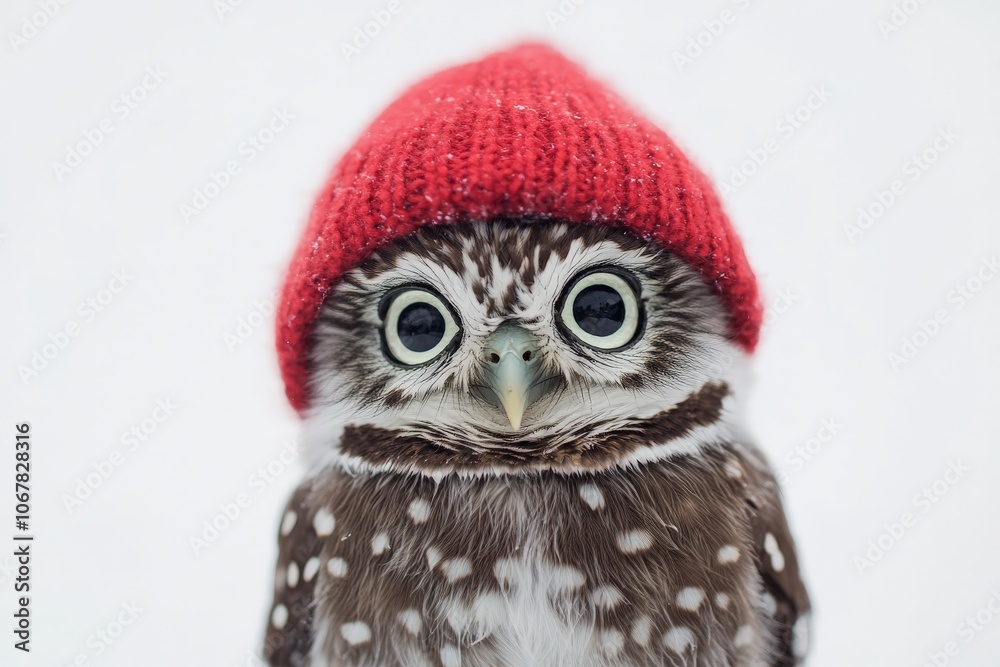 A big-eyed owl, snug in a cozy red hat, gazes intently amidst a snowy atmosphere. The owl's striking pattern and the serene setting make for a captivating image. A big-eyed owl, snug in a cozy red hat, gazes intently amidst a snowy atmosphere. The owl's striking pattern and the serene setting make for a captivating image.