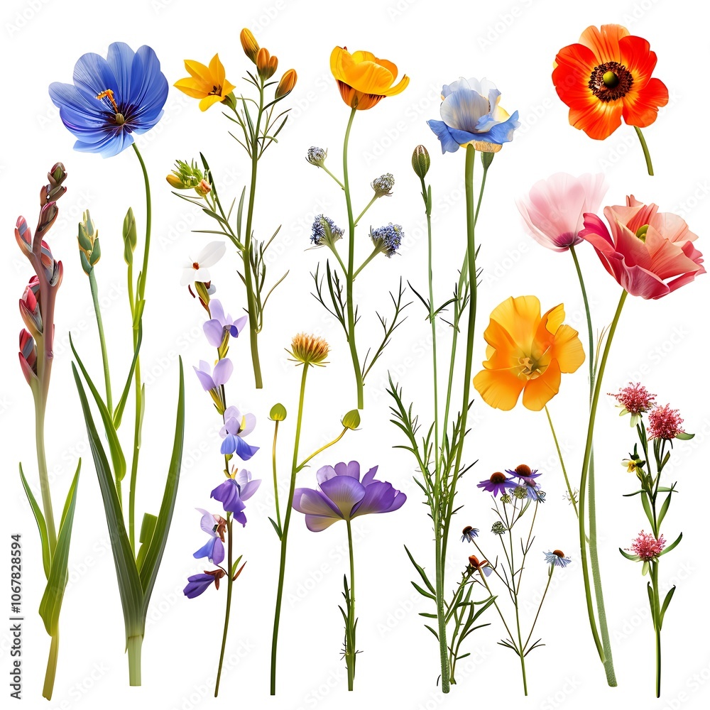 Set of garden flowers on white background