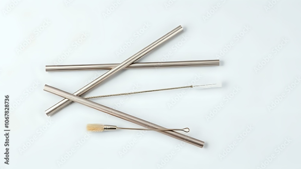 Stainless Steel Straws with Cleaning Brush on Grey Background for Zero-Waste Concept Stainless Steel Straws with Cleaning Brush on Grey Background for Zero-Waste Concept