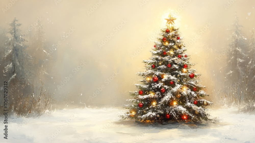 Decorated Christmas Tree in Snowy Forest Landscape