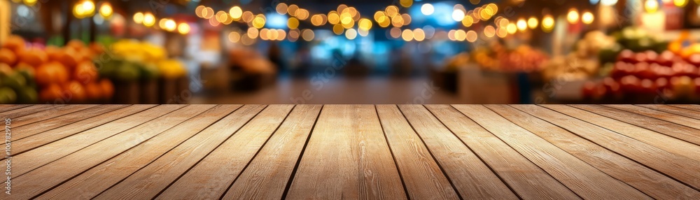 Warm and inviting, rustic wooden table top with softly blurred lights in the background Warm and inviting, rustic wooden table top with softly blurred lights in the background