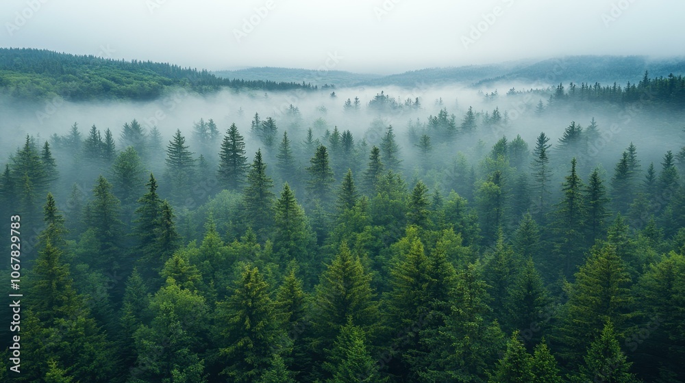 Explore the enchanting misty green forest canopy from above, where natures beauty thrives on a foggy dawn.