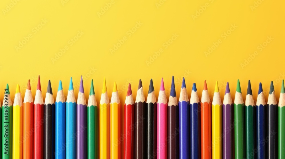 Bright and vibrant colored pencils create a fun border on a sunny yellow backdrop, perfect for ads and banners. Bright and vibrant colored pencils create a fun border on a sunny yellow backdrop, perfect for ads and banners.
